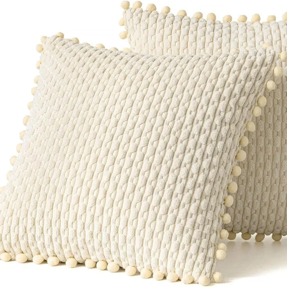Pompom Cream Stripe Texture Corduroy Farmhouse Cute Luxury Soft Pillow Cover Set